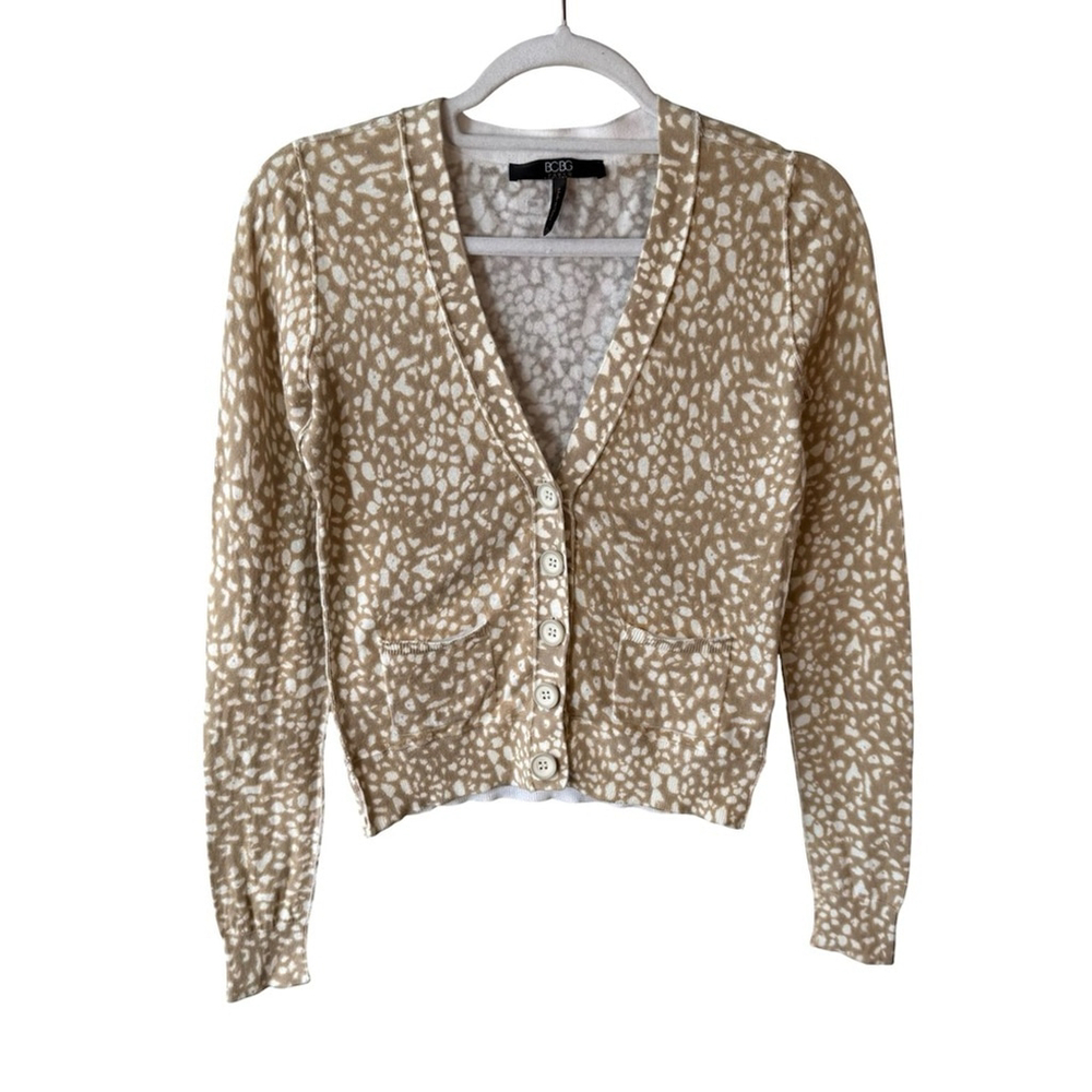 BCBG Tan and White Animal Print Cardigan Sweater Size XS Neutral Minimalist